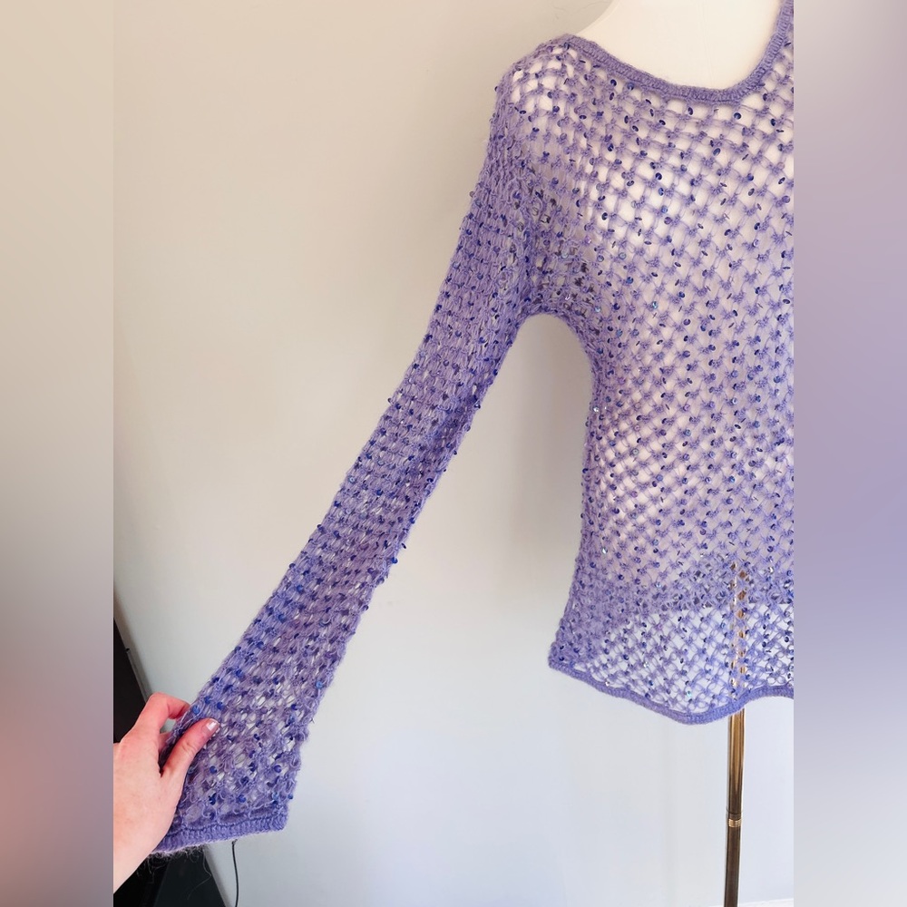 Y2K SMOOCHES 90s Open Knit Sequin Oversized Long Layer Sweater Fairy Grunge Sz M - Picture 8 of 12